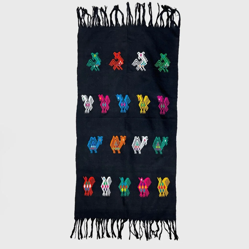 VTG Handwoven Guatemalan Embroidered Bird Textile Fringe Tapestry Runner Rainbow